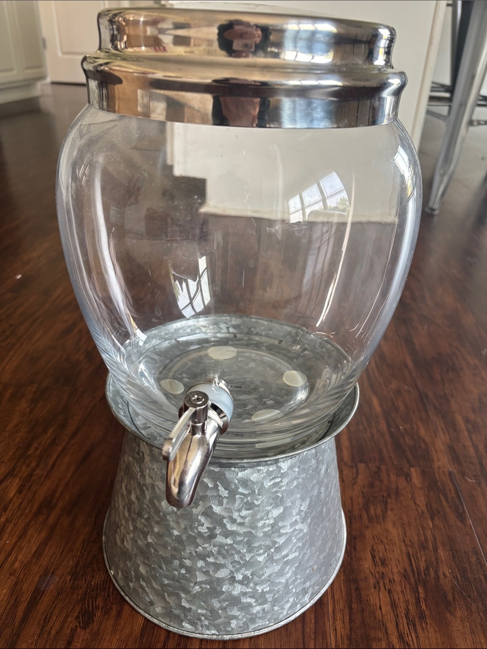Pottery Barn Glass Beverage Dispenser with Galvanized Metal Base and Silver Lid